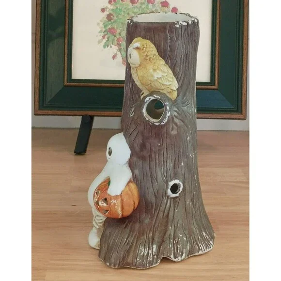 Vintage Ceramic Hand Painted Spooky Tree With Owl & Ghost Holding a Pumpkin Fig - Picture 8 of 15
